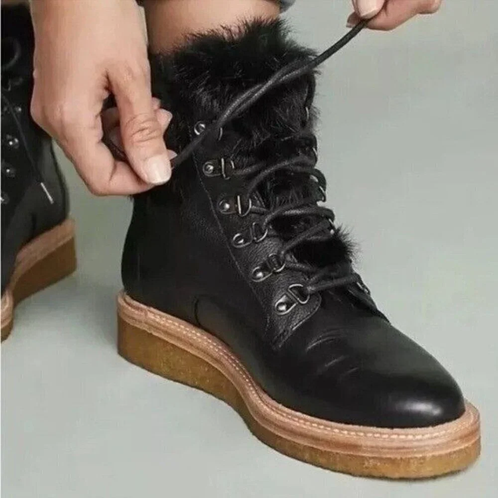 BOTKIER Winter Hiking Boots Faux Fur Collar Black Leather
